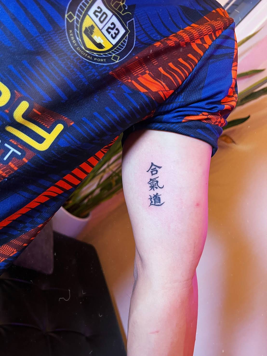 Minimal Japanese kanji Aikido characters tattoo on bicep